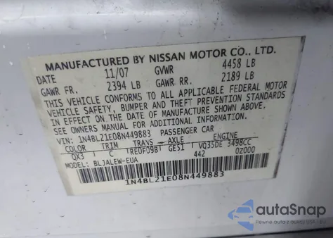 2008 Nissan Altima 3.5 Sl from USA, damaged, VIN 1N4BL21E08N449883